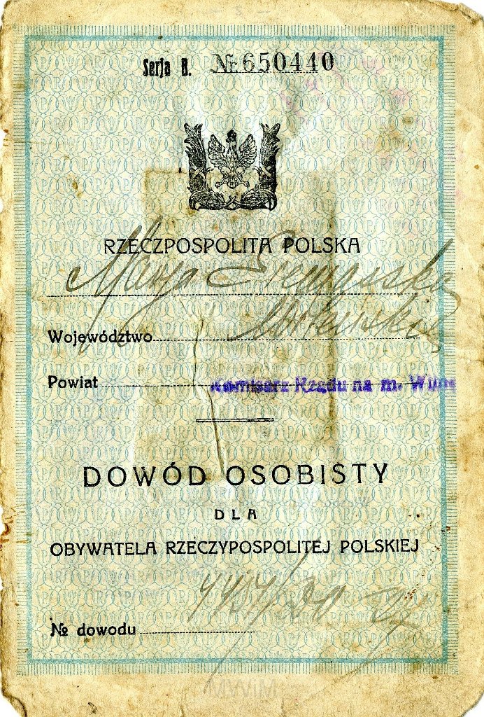 KKE 4601-1.jpg - Dok. Dowód Osobisty. Maria Siemaszko (z domu Sakowicz, ur. 1887 r.), Wilno, 30 V 1927 r.